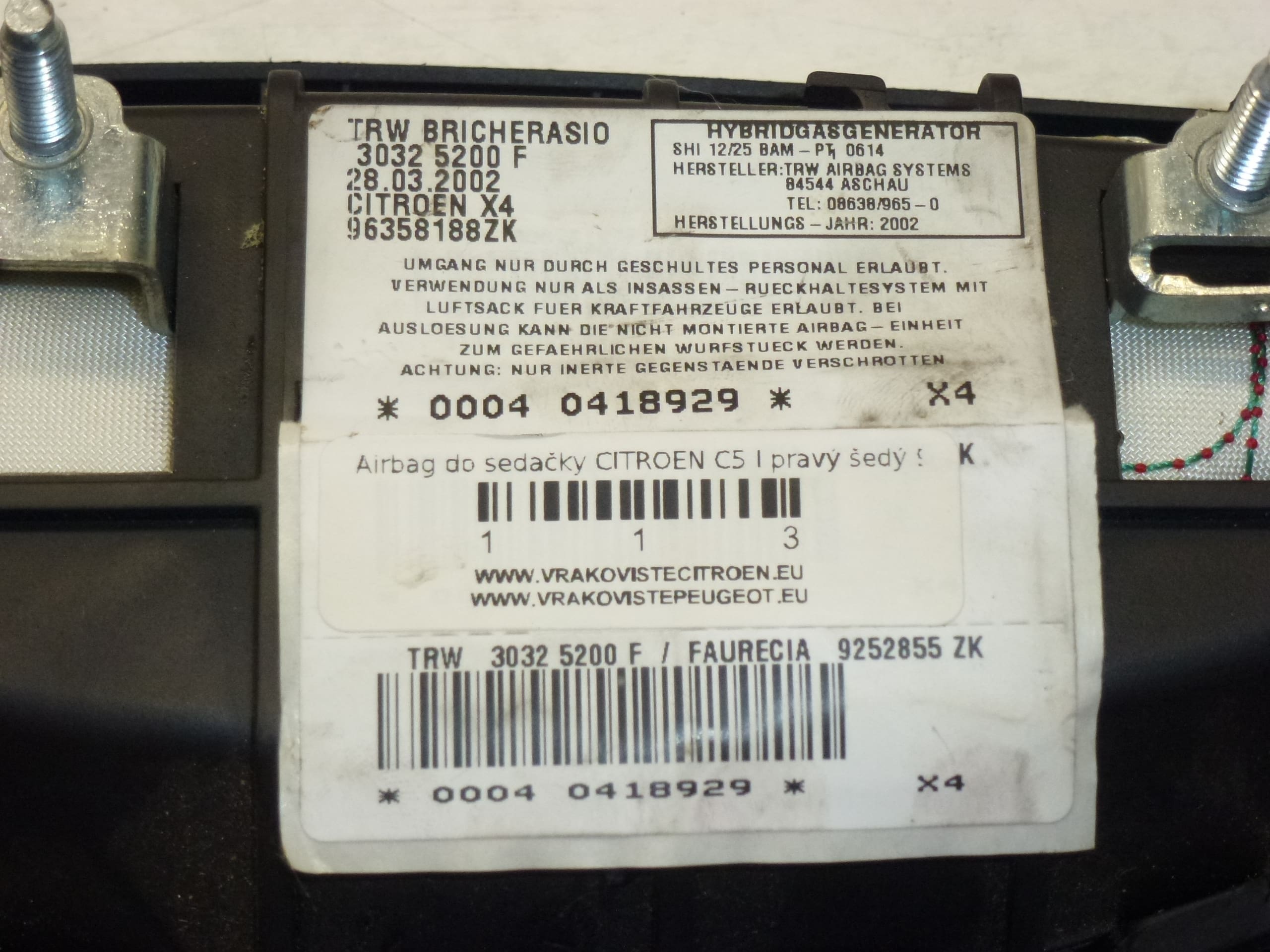 Airbag sedák spolujezdce Citroën C5 96358188ZK 96391352ZK 8216K3 - Obrázek 2